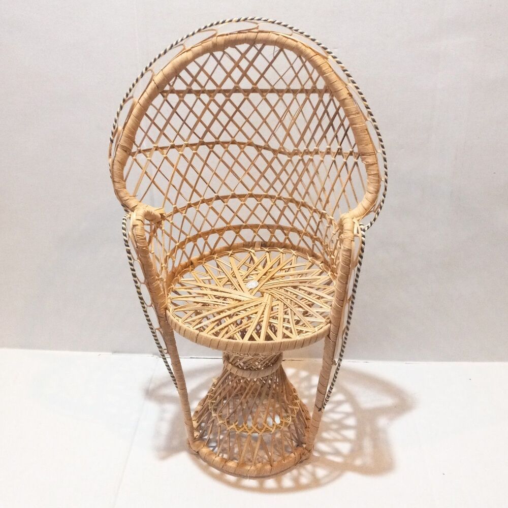 Vintage Miniature Rattan Peacock Chair-Doll Chair-Plant Stand-1970s-Bohemian-16"